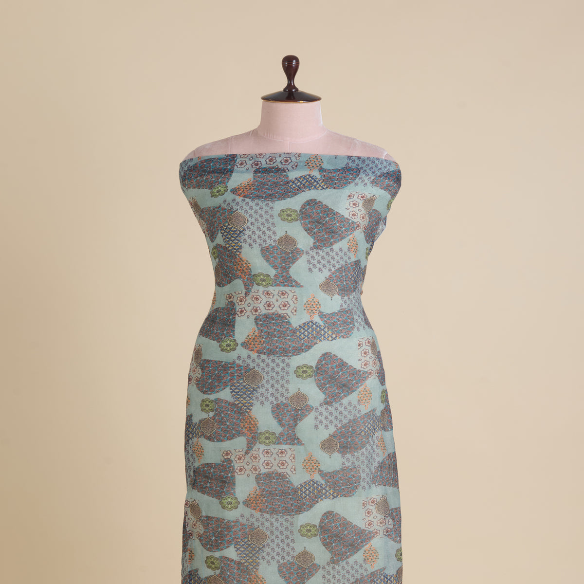 Dusty Mint Fine Chanderi Abstract Print Fabric