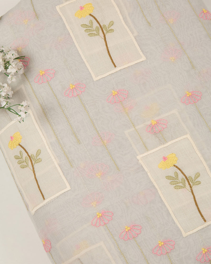 Light Blue Fine Chanderi Applique Work Buta Fabric