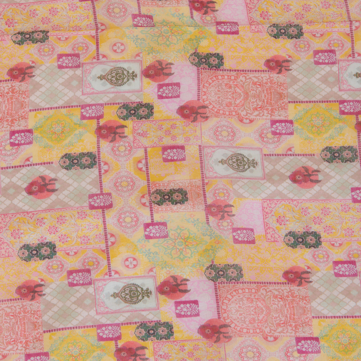 Multi Yellow Fine Chanderi Abstract Printed Fabric