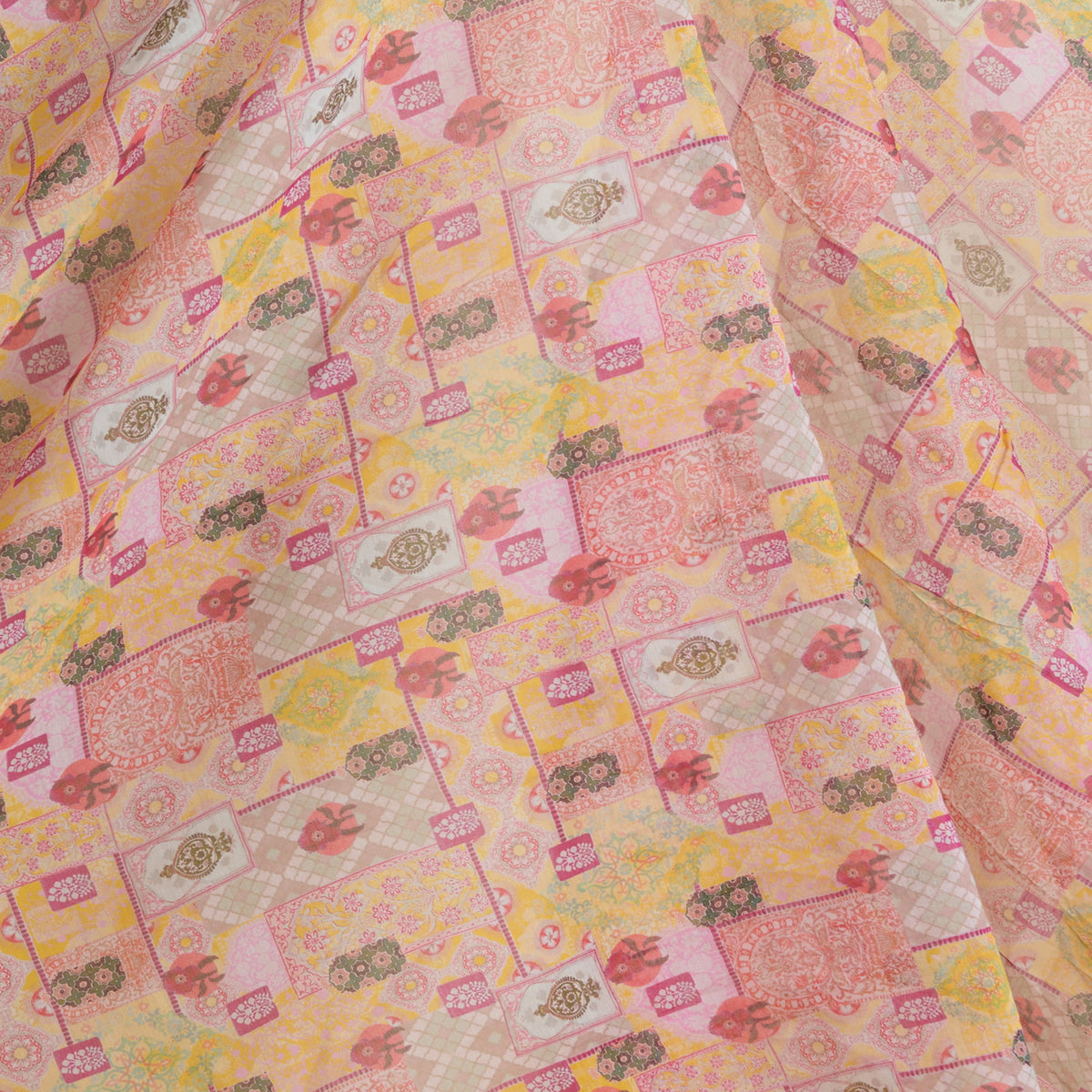 Multi Yellow Fine Chanderi Abstract Printed Fabric