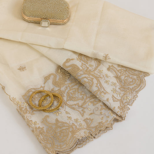 Natural Fine Chanderi Kasab Gota Embroidery Buti Pallu Dupatta Fabric