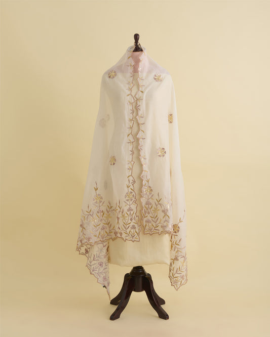 Natural Fine Chanderi Lechi Gota Embroidery Buta Scalap Dupatta