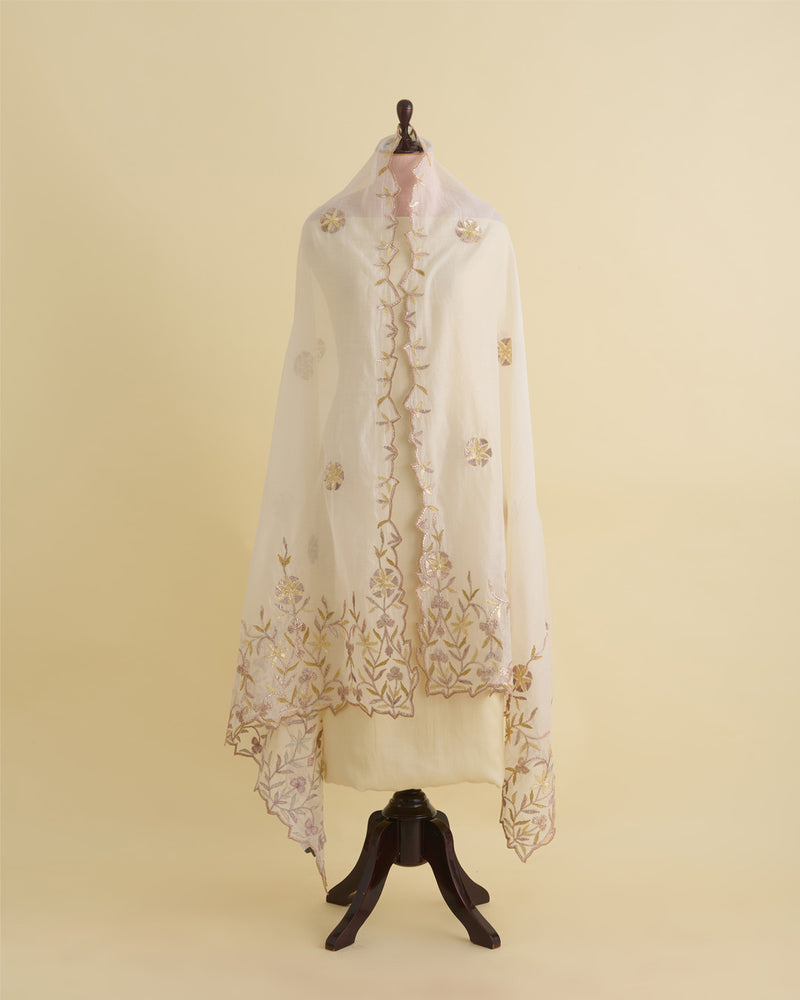 Natural Fine Chanderi Lechi Gota Embroidery Buta Scalap Dupatta