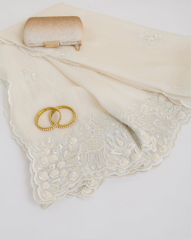 Natural Fine Chanderi Fabric with Resham Motifs and Tissue Appliqué Dupatta