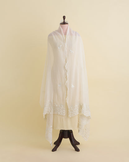 Natural Fine Chanderi Fabric with Resham Motifs and Tissue Appliqué Dupatta
