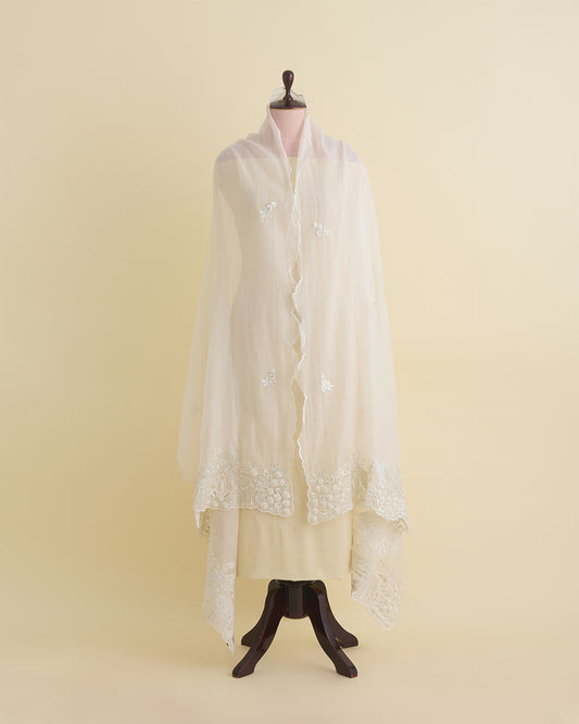 Natural Fine Chanderi Fabric with Resham Motifs and Tissue Appliqué Dupatta