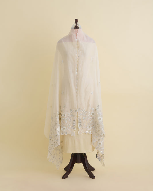 Natural Fine Chanderi Dupatta with Resham, Kasab & Gota Lace Embroidery