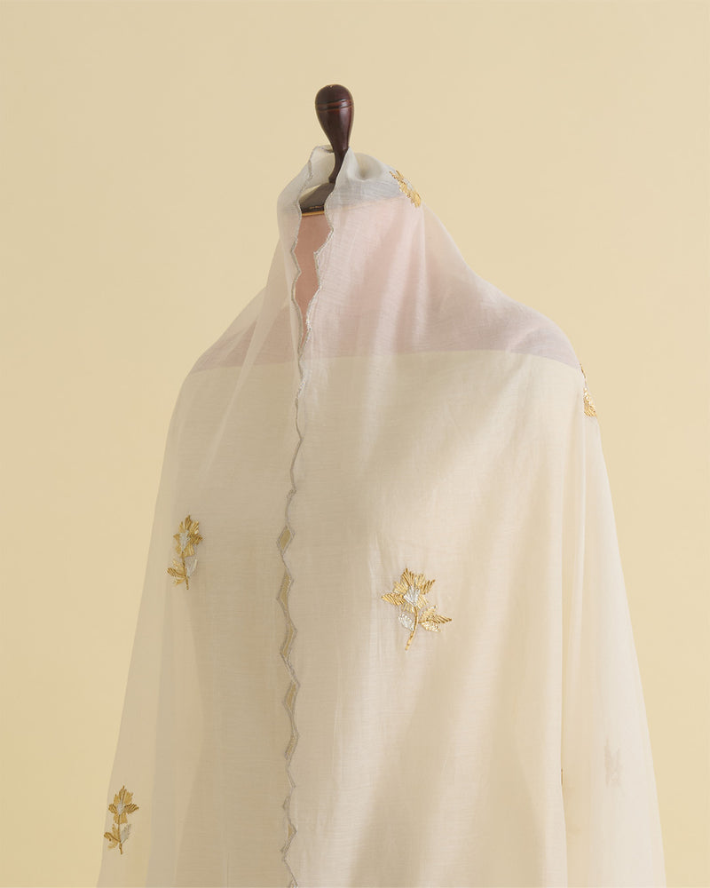 Natural Fine Chanderi Lechi Gota Embroidery Buta Border Dupatta