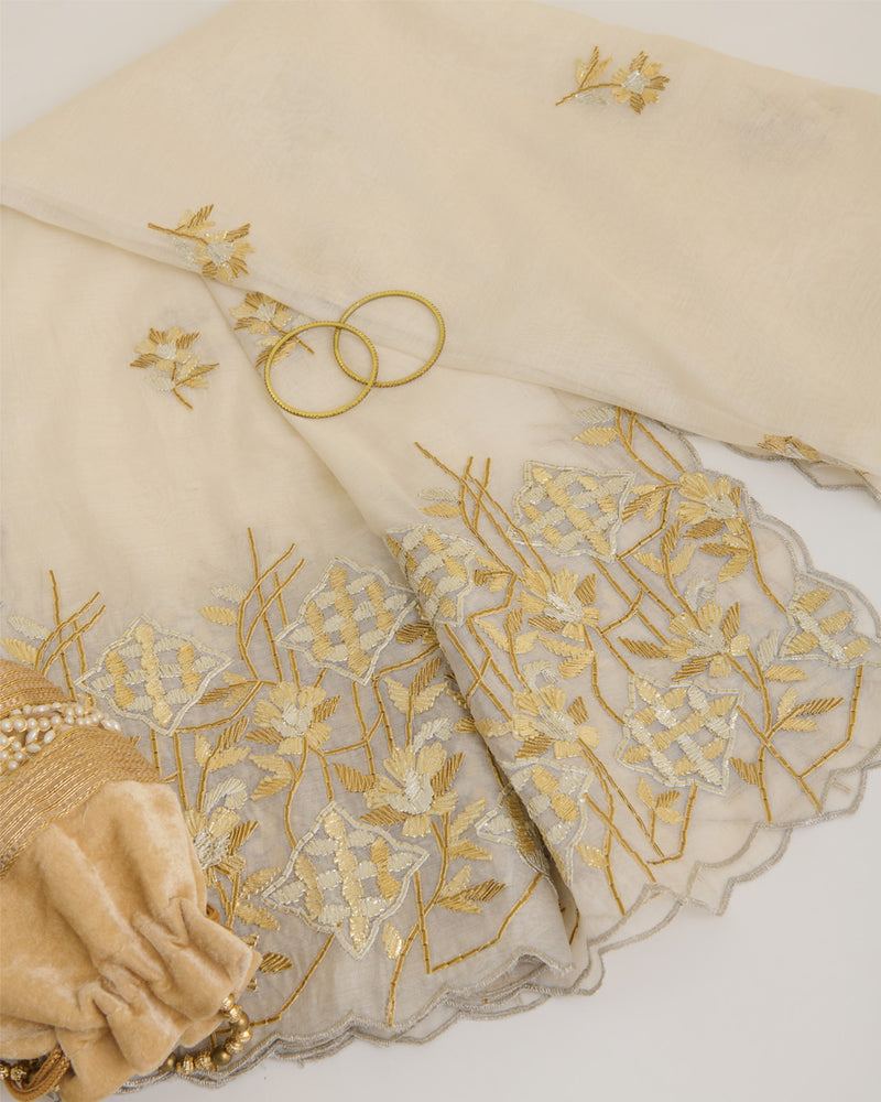 Natural Fine Chanderi Lechi Gota Embroidery Buta Border Dupatta