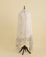 Off White-Pink Chanderi Dupatta with 3-D Embroidery & Applique Work