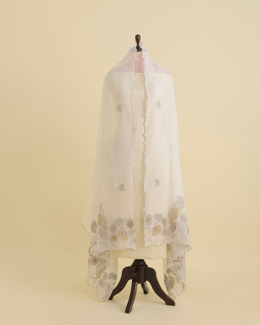 Off White-Pink Chanderi Dupatta with 3-D Embroidery & Applique Work