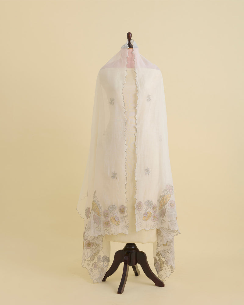 Off White-Pink Chanderi Dupatta with 3-D Embroidery & Applique Work