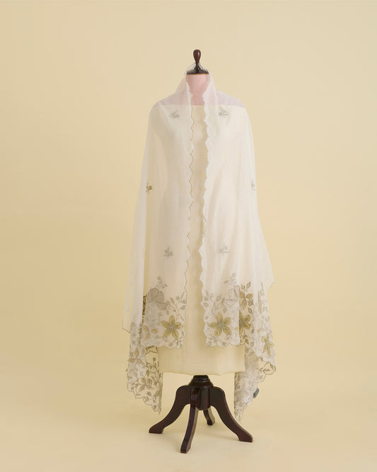 Mehendi Green Chanderi Dupatta with 3-D Embroidery & Applique Work