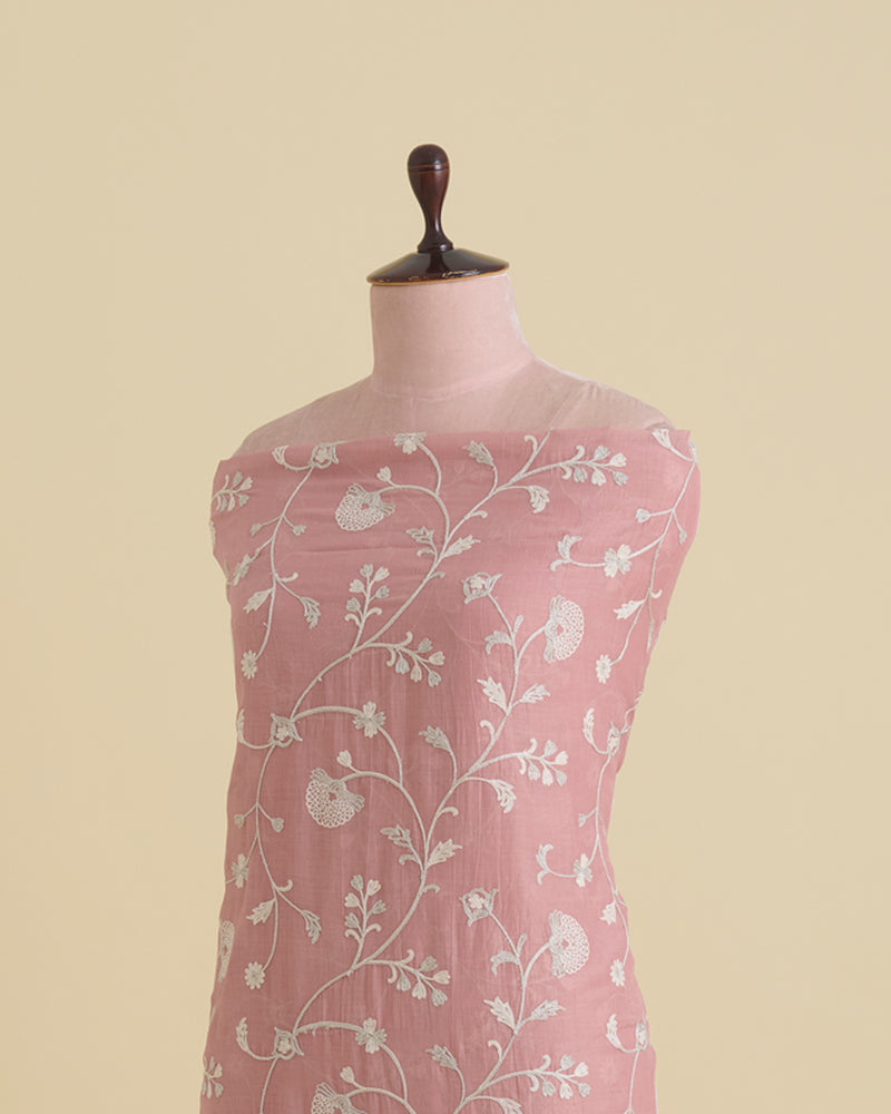 Onion Pink Fine Chanderi Aari & Zari With Resham Jaal Embroidery Fabric