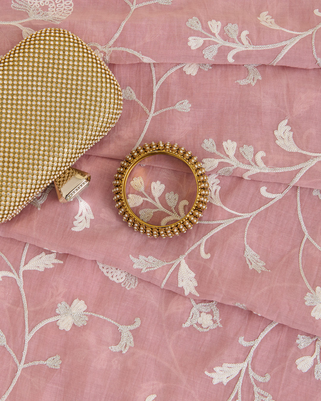 Onion Pink Fine Chanderi Aari & Zari With Resham Jaal Embroidery Fabric