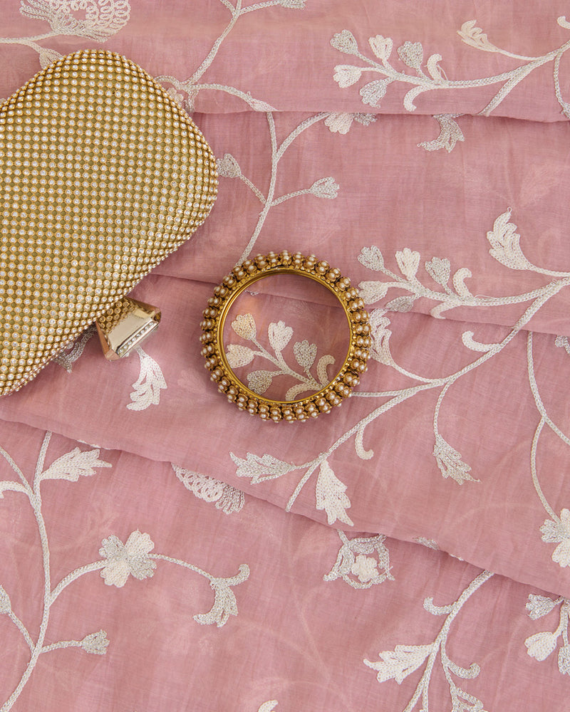 Onion Pink Fine Chanderi Aari & Zari With Resham Jaal Embroidery Fabric