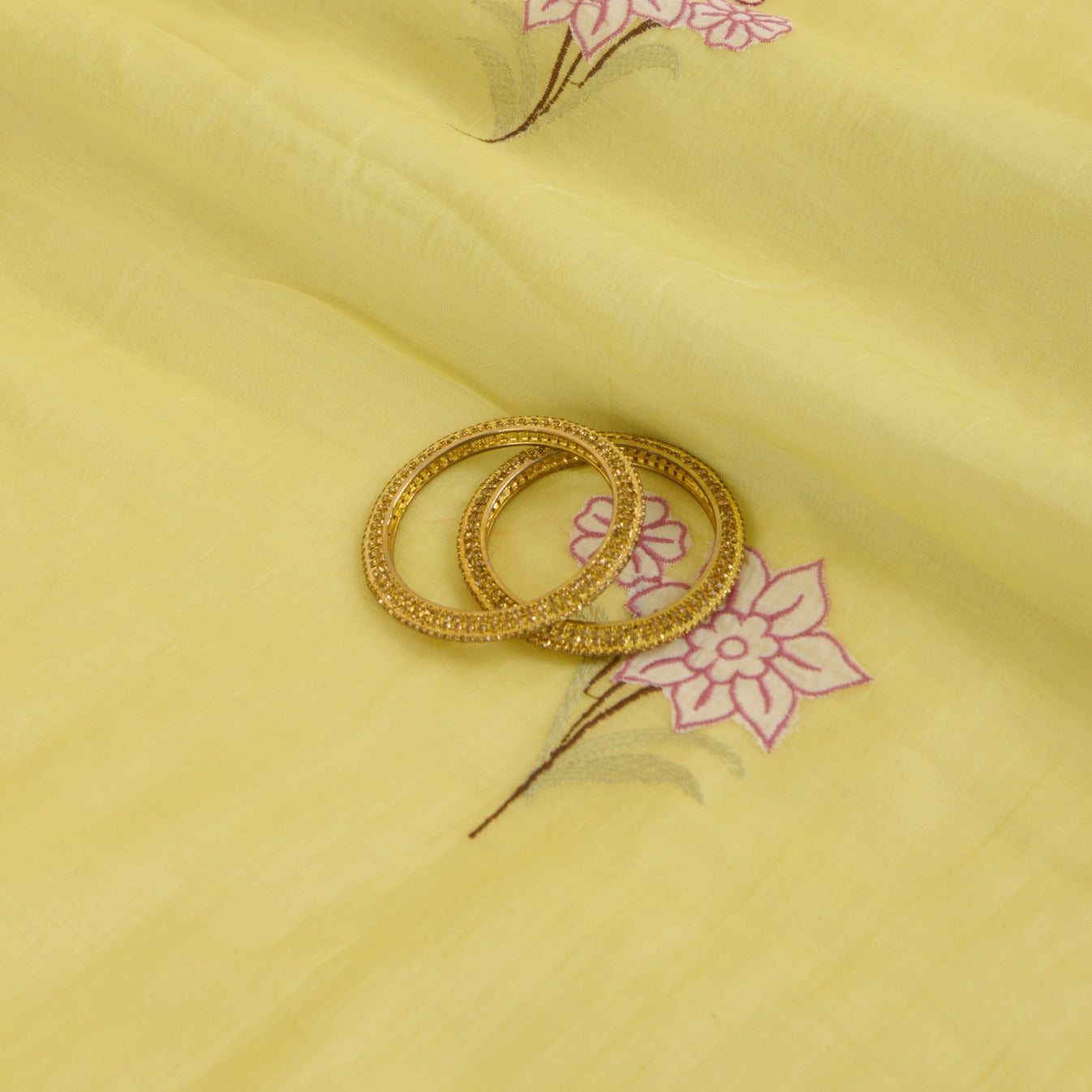 Yellow Fine Chanderi Thread Applique Jaal Embroidery Fabric