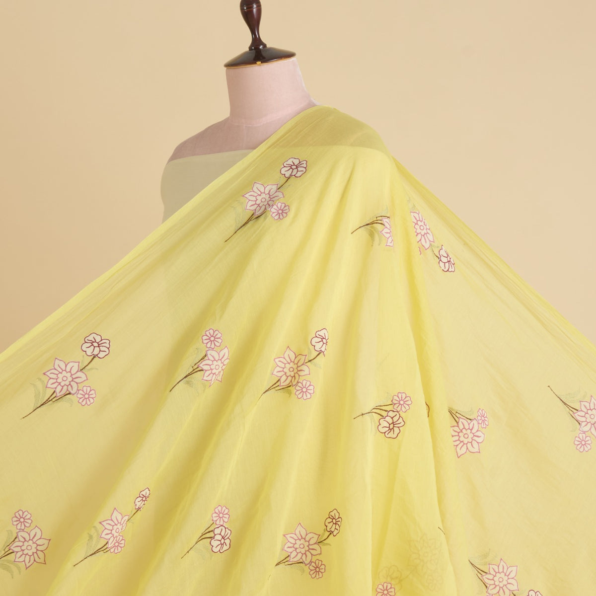Yellow Fine Chanderi Thread Applique Jaal Embroidery Fabric