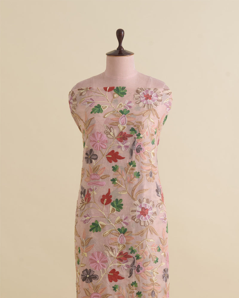 Peach Fine Chanderi Kashmiri Jaal Embroidery Fabric