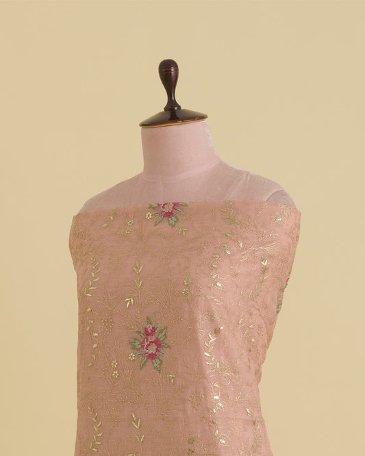 Peach Fine Chanderi Tarkashi Fabric with Cross Stitch Embroidery