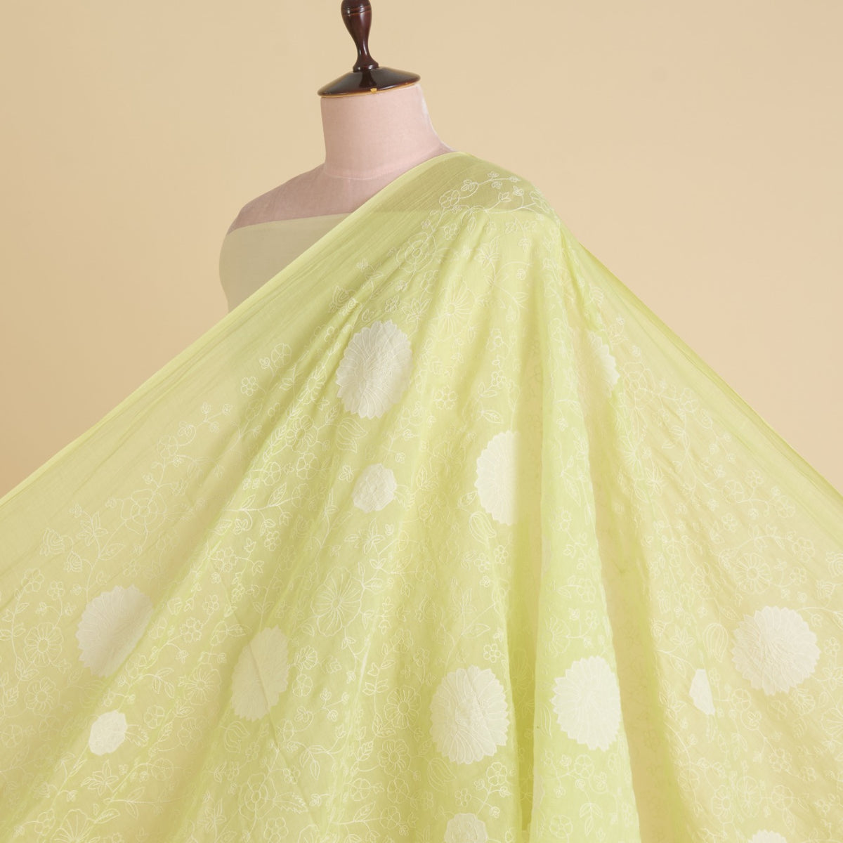 Pista Green Fine Chanderi Thread Applique Jaal Embroidery Fabric