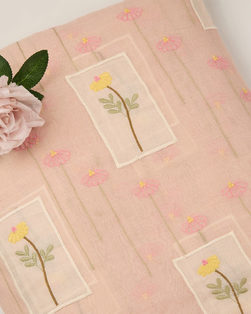 Peach Fine Chanderi Applique Work Buta Fabric