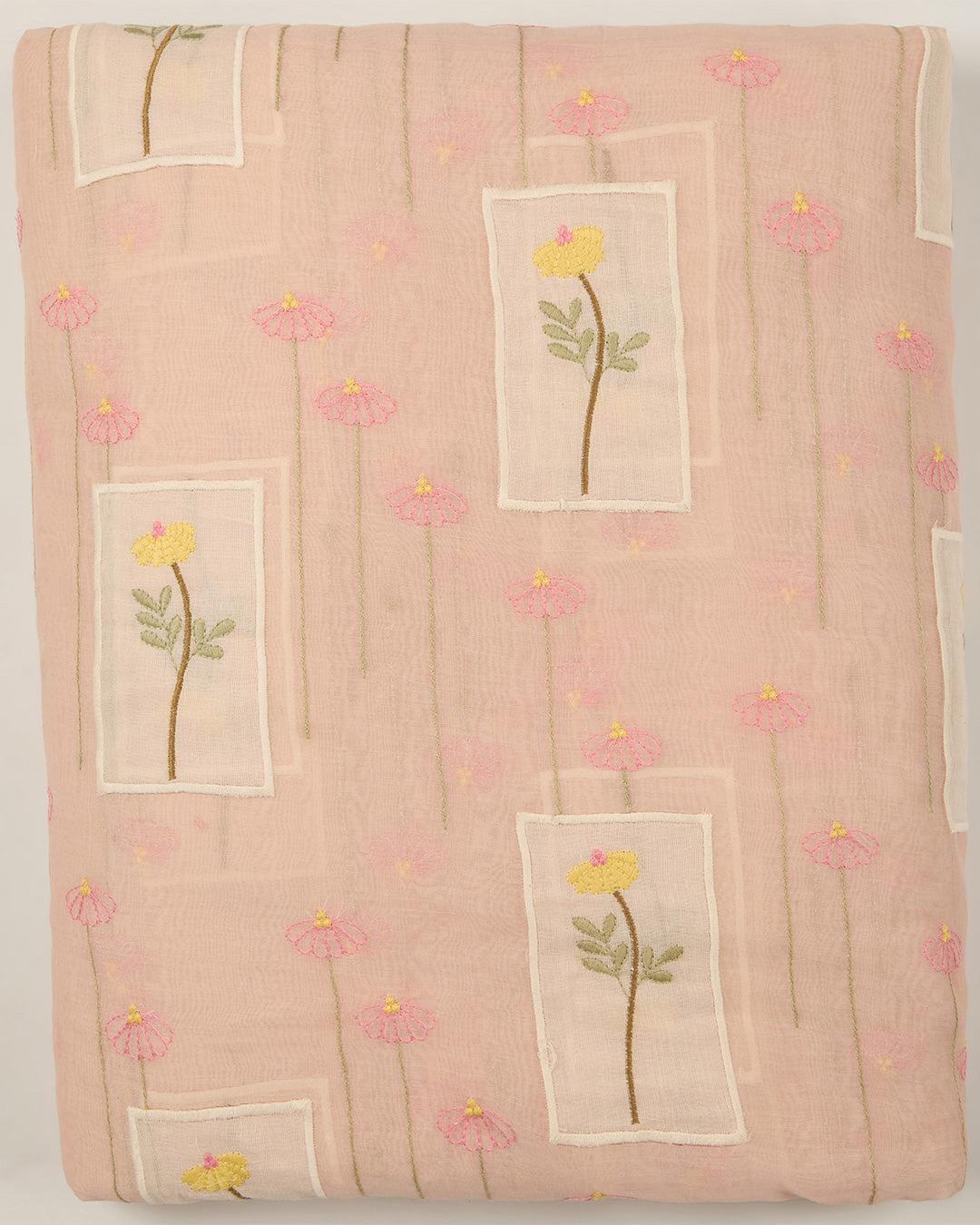 Peach Fine Chanderi Applique Work Buta Fabric