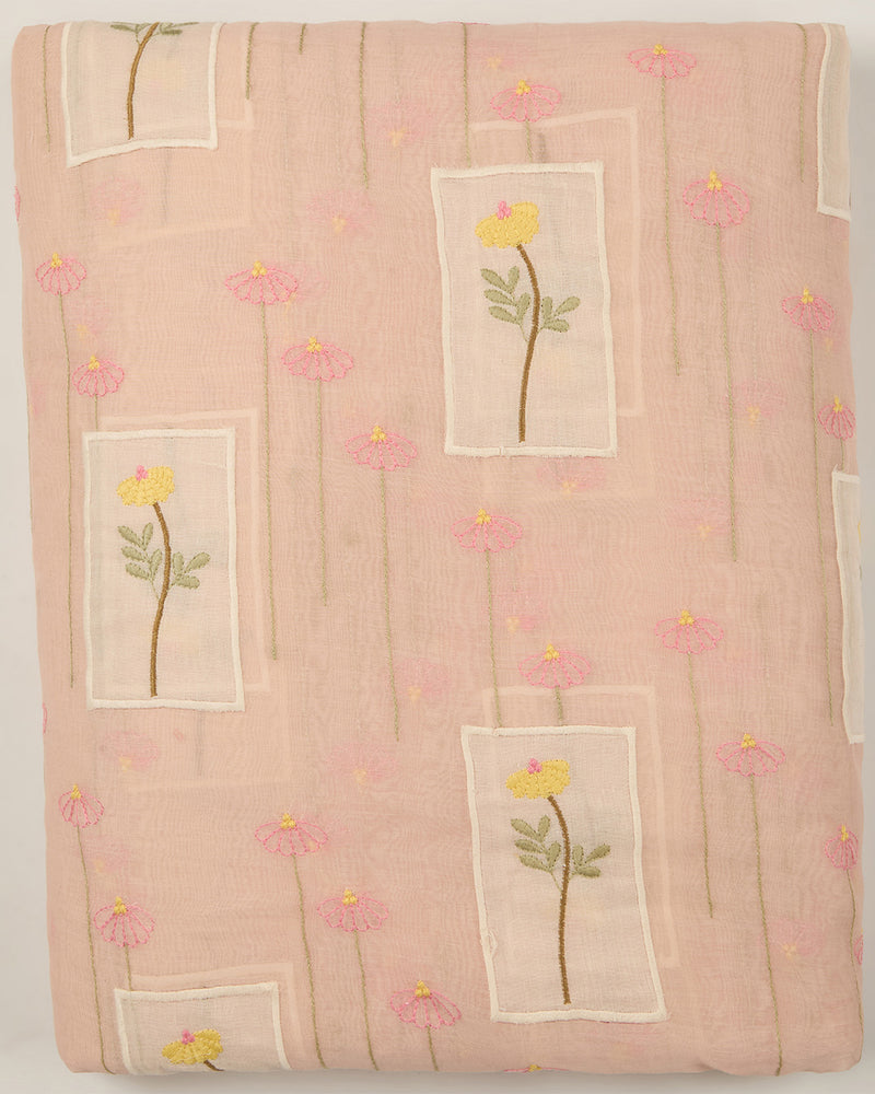 Peach Fine Chanderi Applique Work Buta Fabric