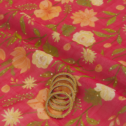 Pink Fine Chanderi Digital Printed Fabric