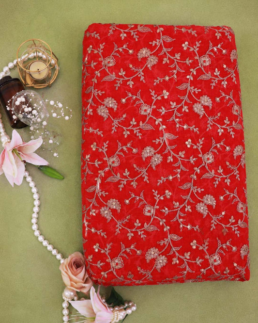 Red Fine Chanderi Antique Gold Kasab Dori Sequin Embroidery Jaal with Minakari Fabric