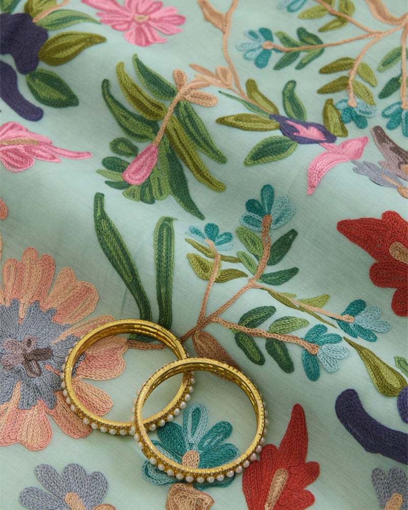 Sea Green Fine Chanderi Kashmiri Jaal Embroidery Fabric