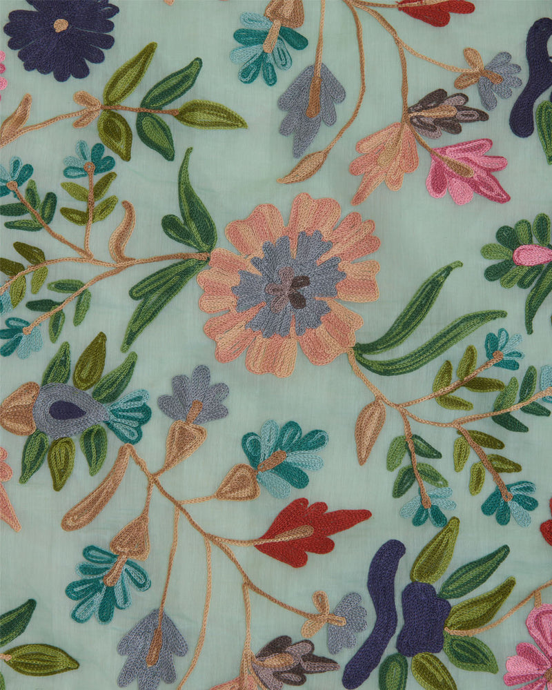 Sea Green Fine Chanderi Kashmiri Jaal Embroidery Fabric