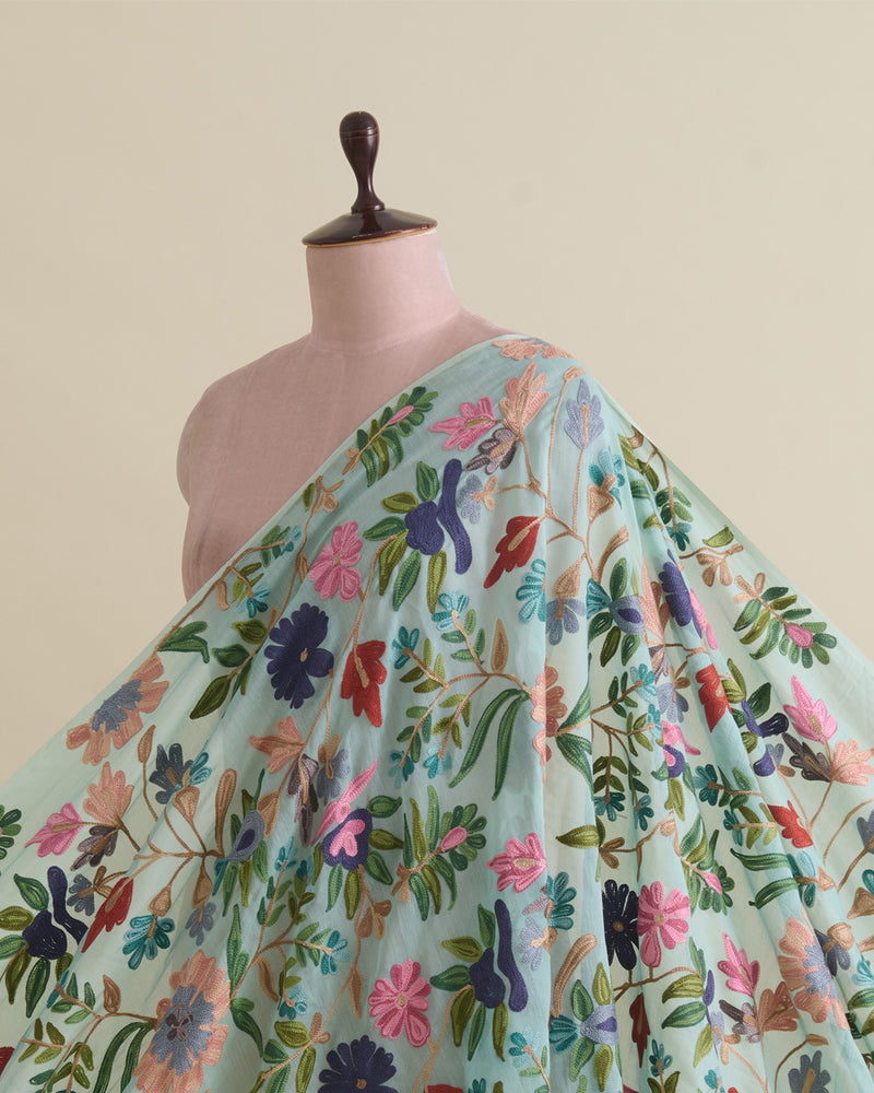 Sea Green Fine Chanderi Kashmiri Jaal Embroidery Fabric