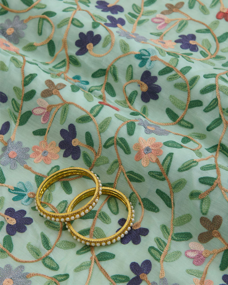 Sea Green Fine Chanderi Kashmiri Jaal Embroidery Fabric