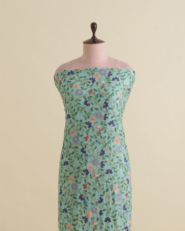 Sea Green Fine Chanderi Kashmiri Jaal Embroidery Fabric