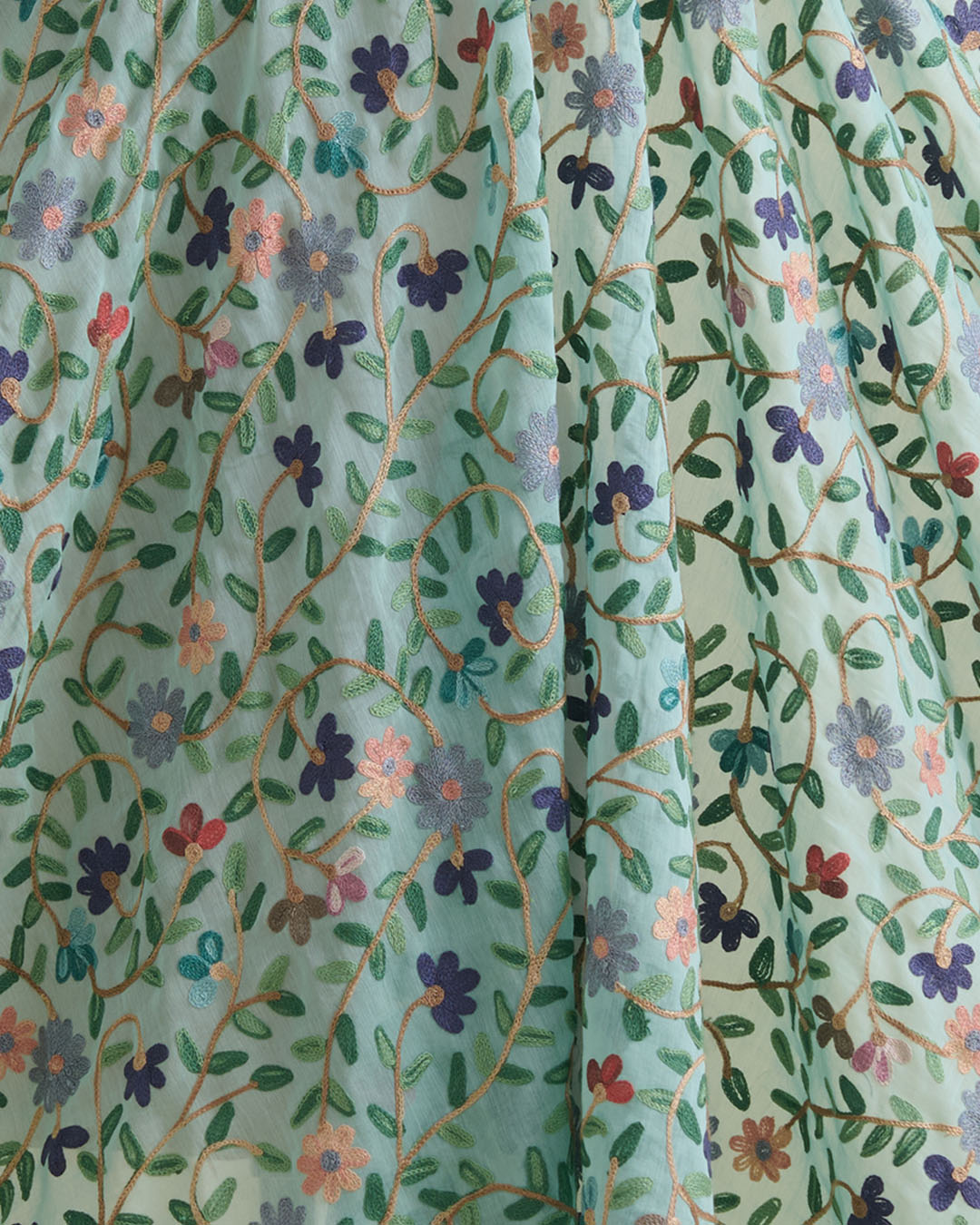 Sea Green Fine Chanderi Kashmiri Jaal Embroidery Fabric