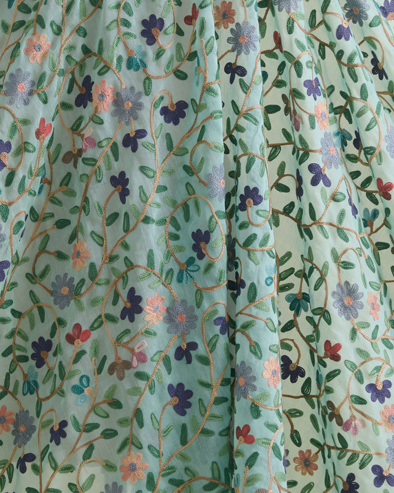 Sea Green Fine Chanderi Kashmiri Jaal Embroidery Fabric