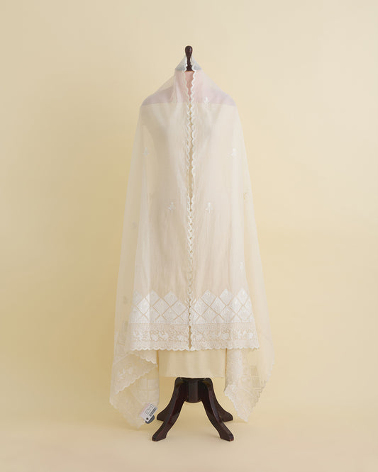 Kora Natural Fine Chanderi Fabric with Resham Motifs and Applique Dupatta