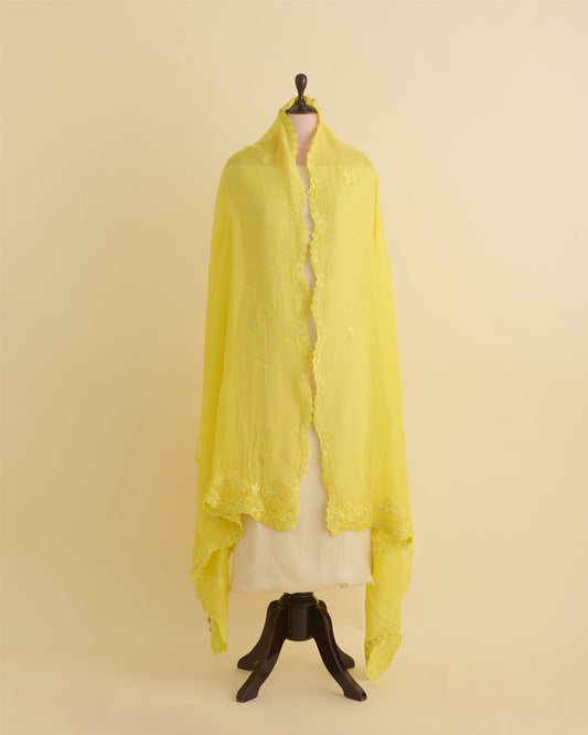 Yellow Fine Chanderi Dupatta with Resham Motif & 3D Applique Scallop Embroidery