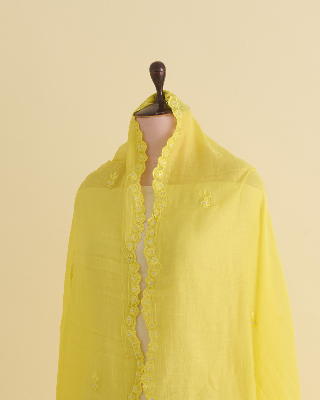 Yellow Fine Chanderi Dupatta with Resham Motif & 3D Applique Scallop Embroidery