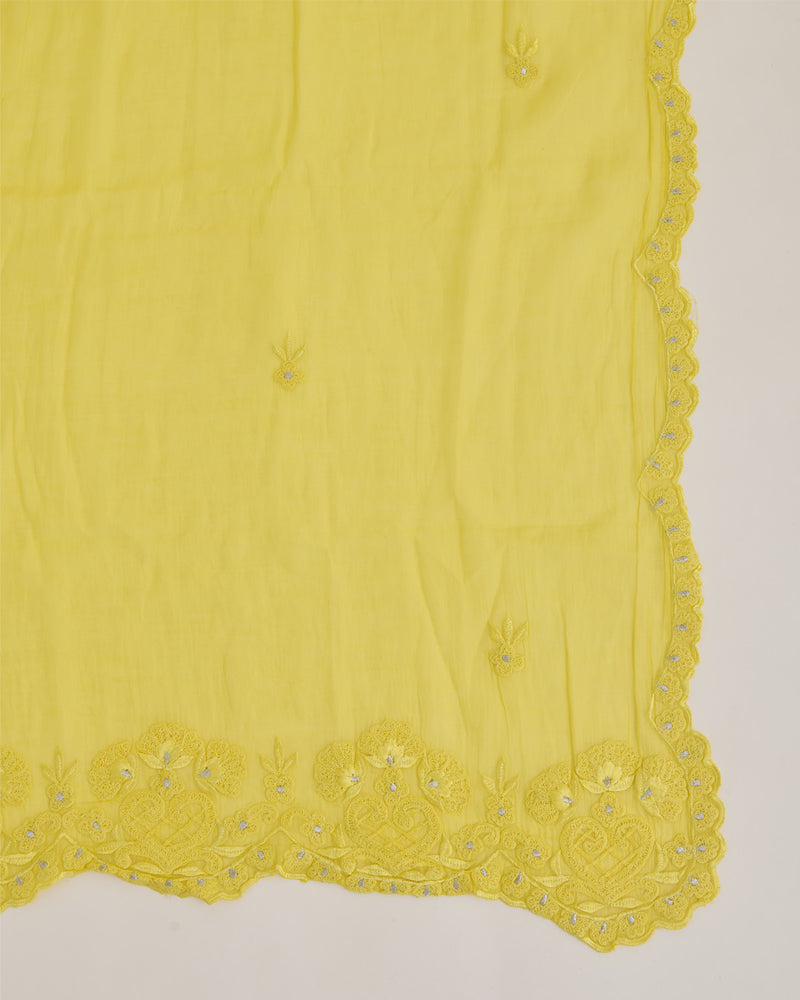Yellow Fine Chanderi Dupatta with Resham Motif & 3D Applique Scallop Embroidery