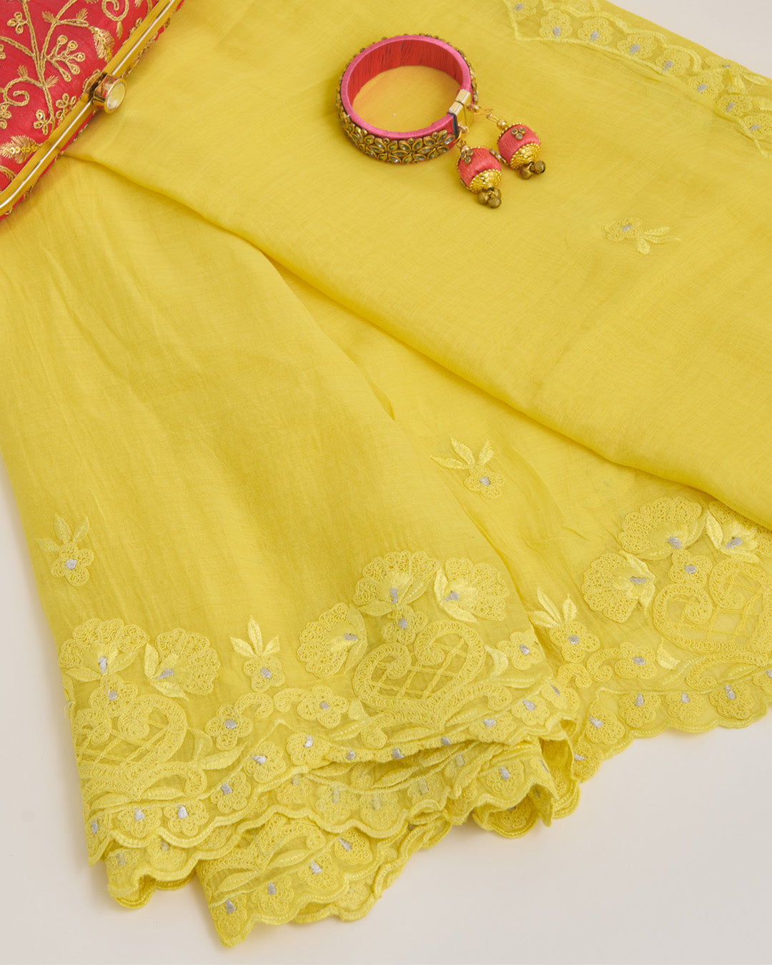 Yellow Fine Chanderi Dupatta with Resham Motif & 3D Applique Scallop Embroidery