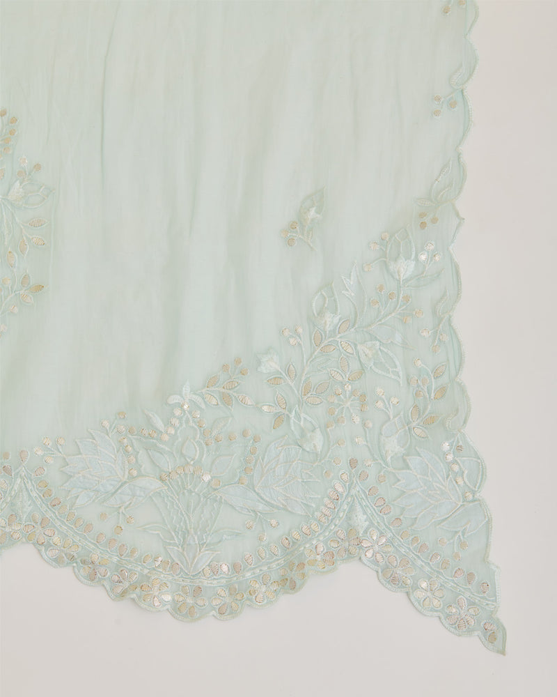 Mint Fine Chanderi Bird Applique Dupatta with Gold Gota Patti