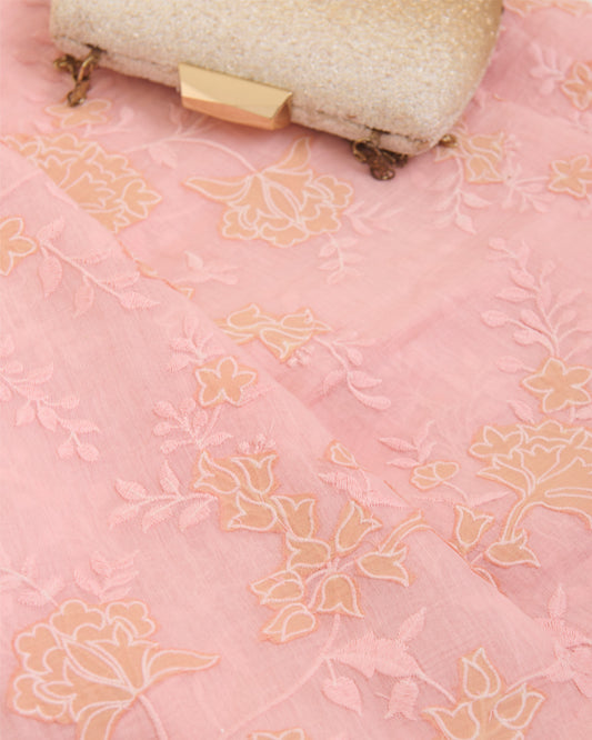Peach Fine Chanderi Fabric with Applique Jaal Work
