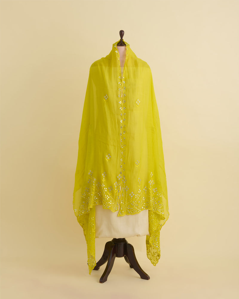 Lime Green Fine Chanderi Dupatta with Thread Sequins & Gota Embroidery