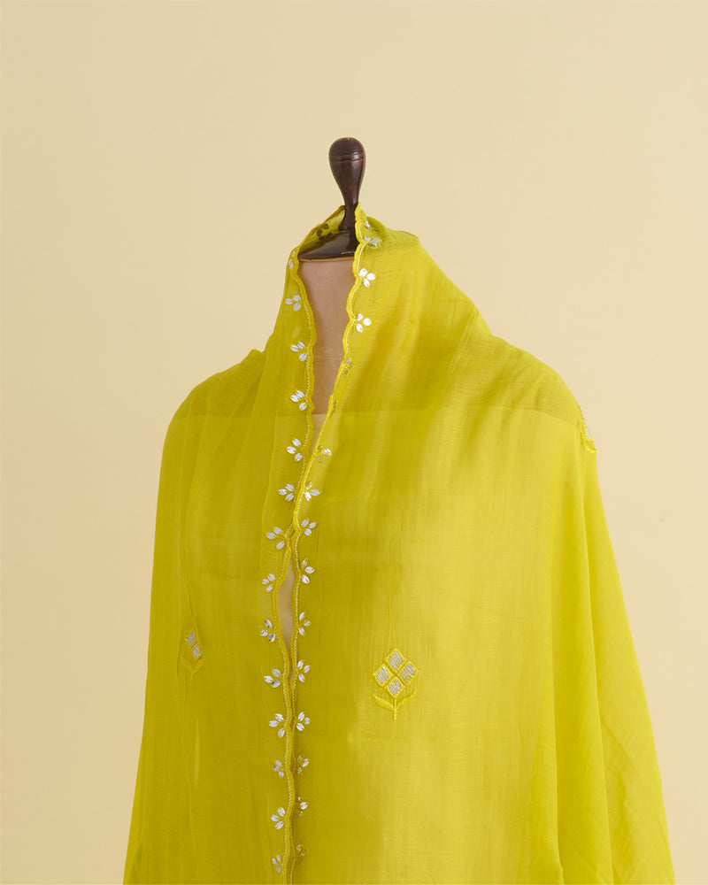 Lime Green Fine Chanderi Dupatta with Thread Sequins & Gota Embroidery