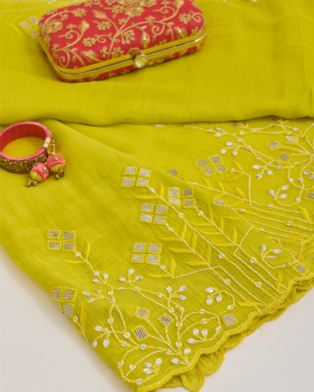 Lime Green Fine Chanderi Dupatta with Thread Sequins & Gota Embroidery