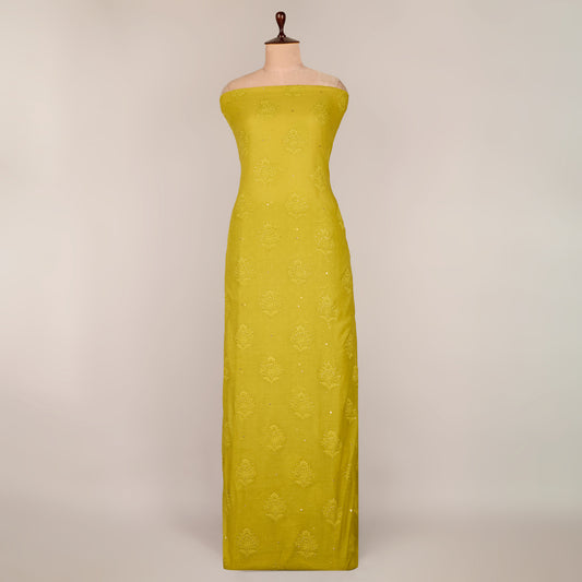 Lime Green Chanderi Lucknowi Embroidered Fabric with Badla Work