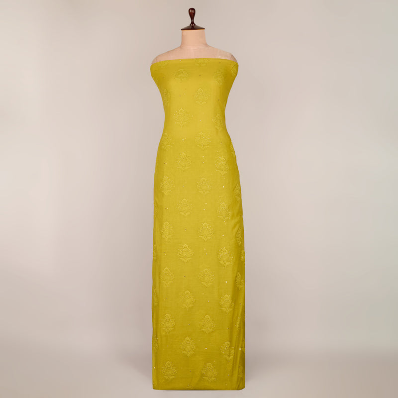 Lime Green Chanderi Lucknowi Embroidered Fabric with Badla Work