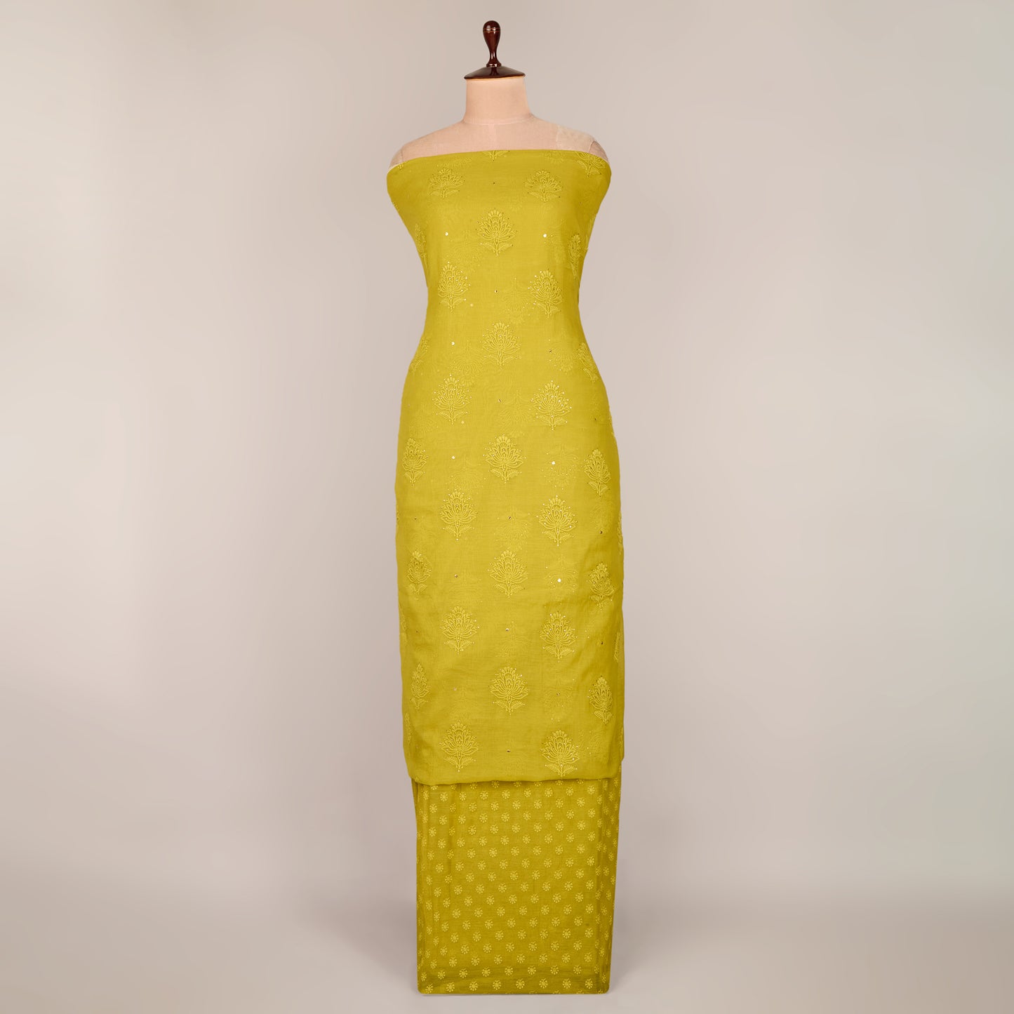 Lime Green Chanderi Lucknowi Embroidered Fabric with Badla Work